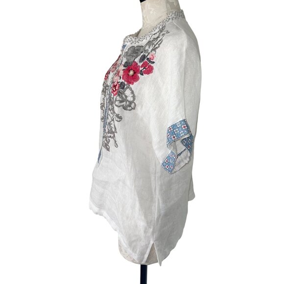 Johnny Was Womens Top Size Small White Embroidered Floral Casual Pure Linen - Picture 2 of 12